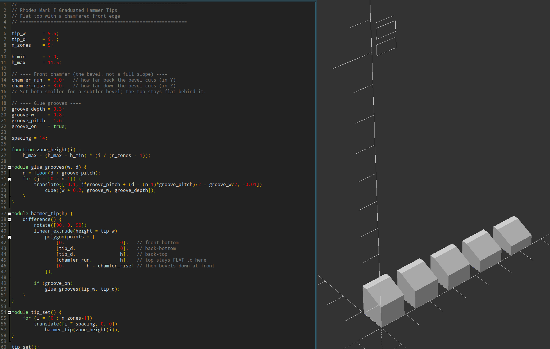 Full set of hammer tips rendered in OpenSCAD