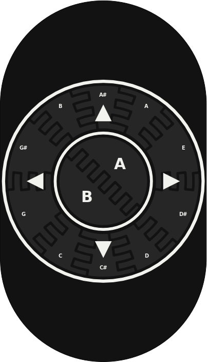 Rendering of the Arcade Wheel harp plate: a black pill-shaped board with a ring of arrows and note names around a round hub lettered A and B