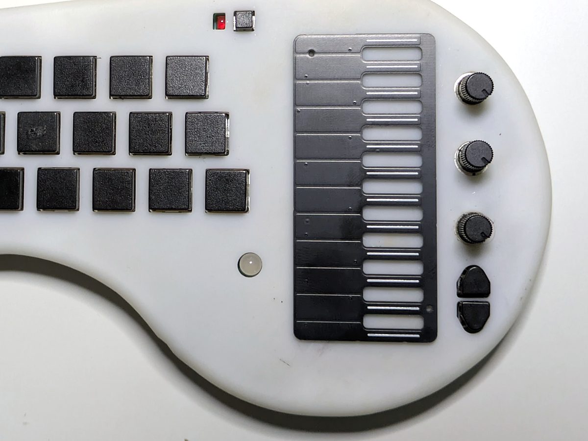The Framed Strings harp plate fitted to a minichord: twelve black strings with slots between them, the minichord's white case showing through