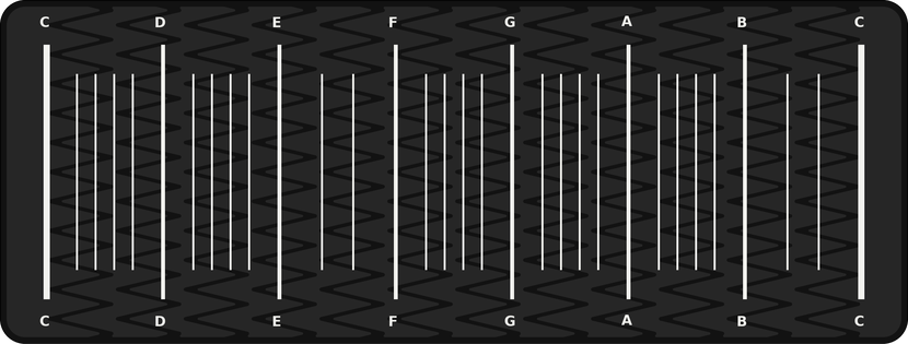 Rendering of the Fretless 31 harp plate: the fretless strip printed with a fretboard, heavy frets named C D E F G A B C and light frets between them