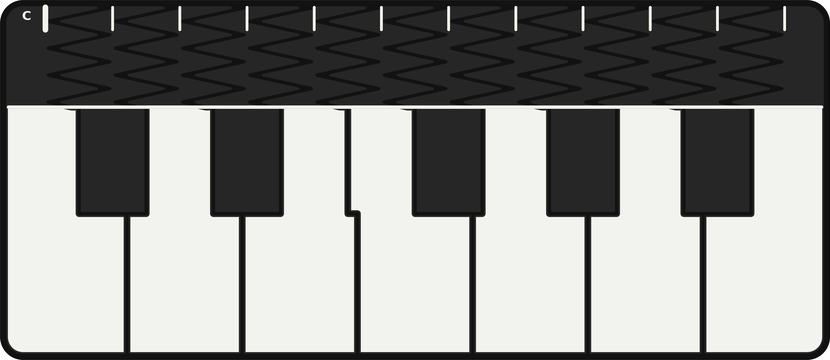 Rendering of the Piano Glide harp plate: an octave of piano keys with a fretless strip running along their tips