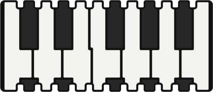 Rendering of the Piano Keys harp plate: an octave of white and black piano keys, with teeth along both edges