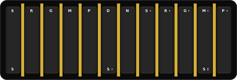 Rendering of the Raga Strumplate: the strumplate's twelve bands with gold bars between them, named S R G M P D N up to tara Pa