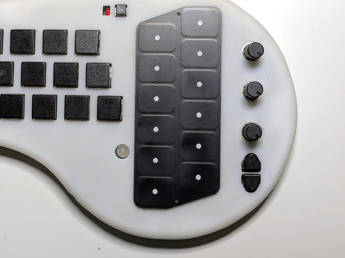 The Twin Rows harp plate fitted to a minichord: twelve black pads in two staggered rows of six, beside the chord buttons and knobs