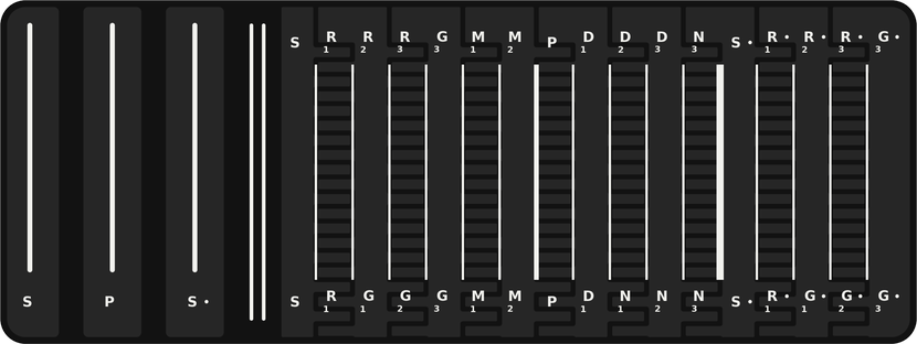 Rendering of the Veena Tala harp plate: 17 named frets and, past a double line, three plain tala strings