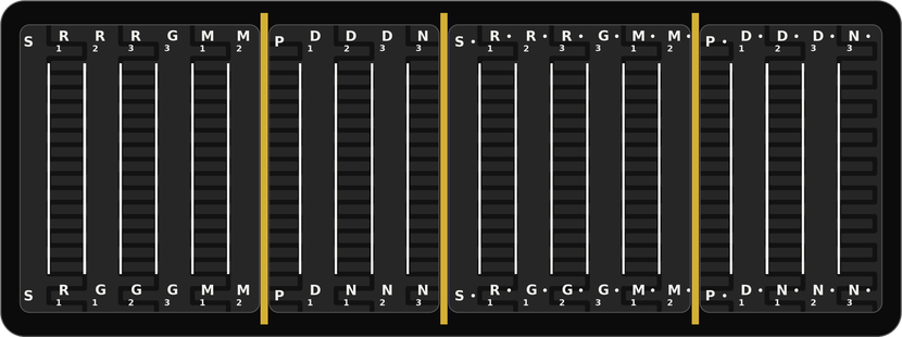 Rendering of the Veena harp plate: a strip with 24 frets named by swarasthana, Sa to tara Ni, and three raised gold bars