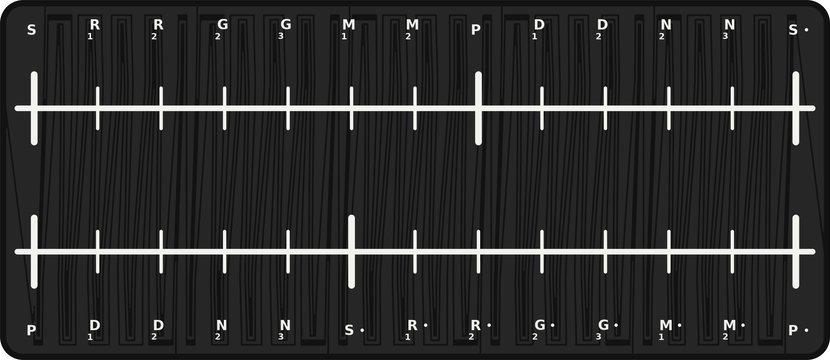 Rendering of the Violin harp plate: two long strings marked Sa and Pa, with a tick at every swarasthana like fingerboard tape