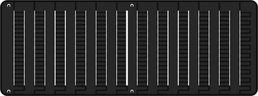 Rendering of the Zipper 24 harp plate: a long black strip of twelve zones whose edges interlock like zipper teeth, with fret lines and a C marked at each octave