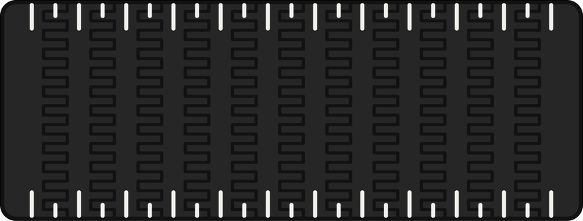 Rendering of the Zipper Strip harp plate: twelve zones whose edges interlock like zipper teeth, with ticks on both edges