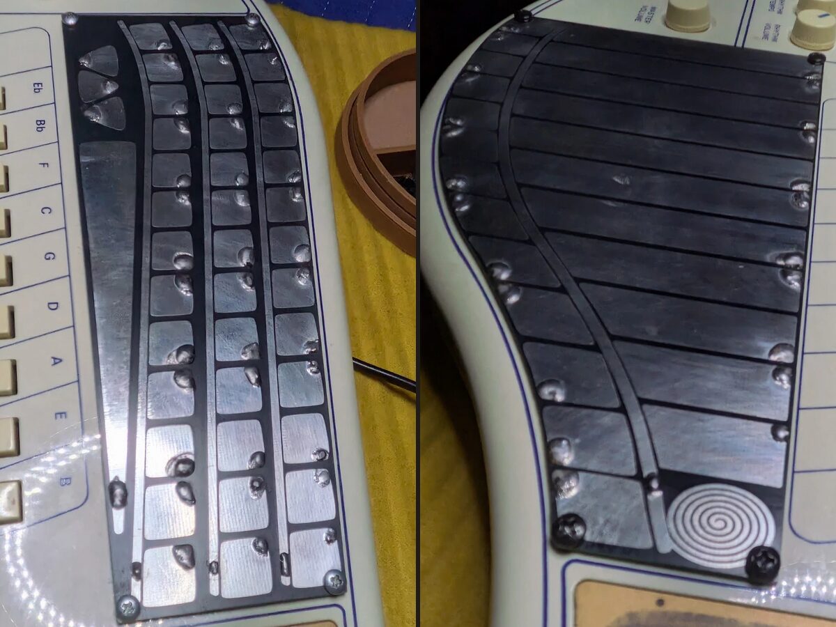OM-27 touchplates fitted to an Omnichord: one plate with columns of pads, one with long strips and a spiral