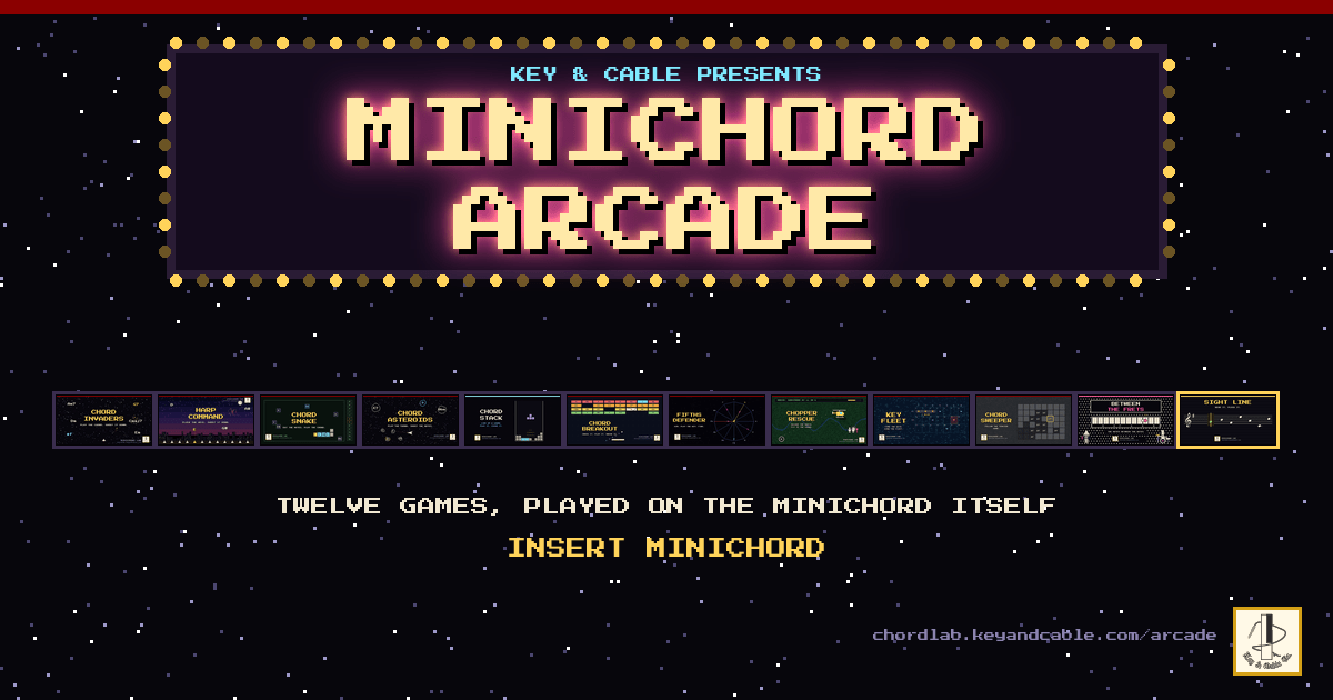 The Minichord Arcade marquee over its game screens