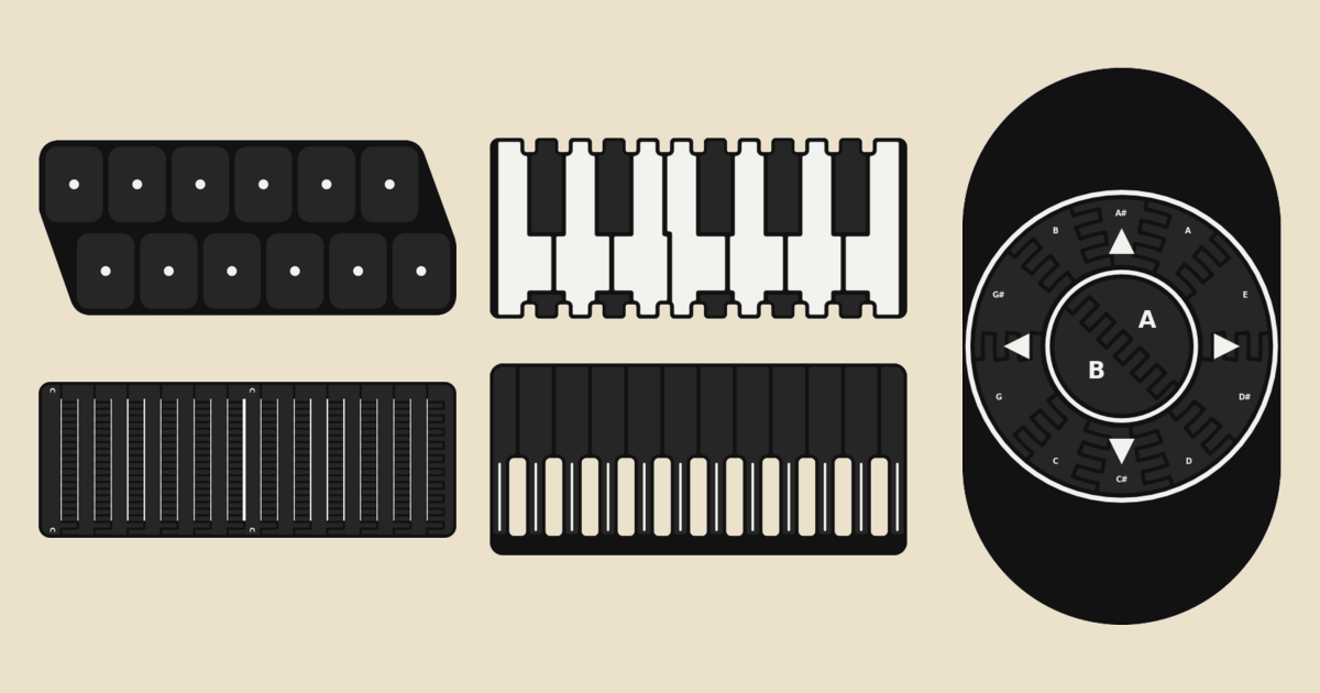 Harp plates for the minichord: twin rows of pads, piano keys, a zipper strip, framed strings and an arcade wheel