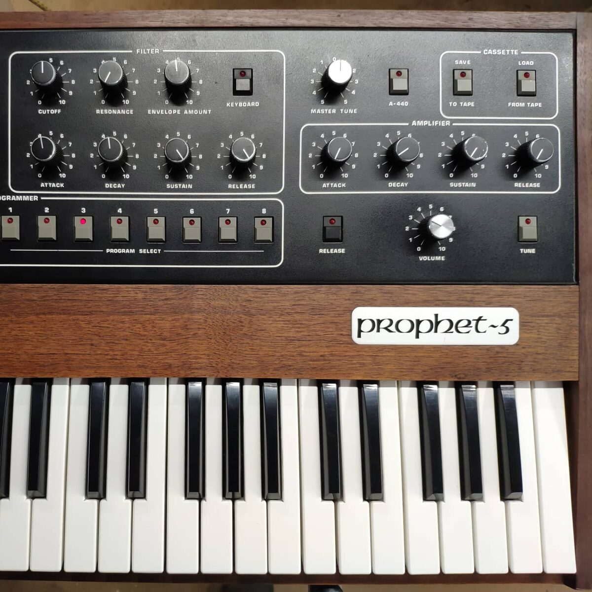 A restored Sequential Circuits Prophet-5 on the bench