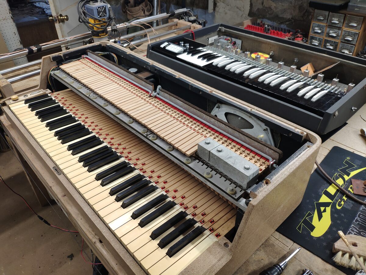 Wurlitzer 120 electronic piano and Vox Jaguar combo organ on the workbench